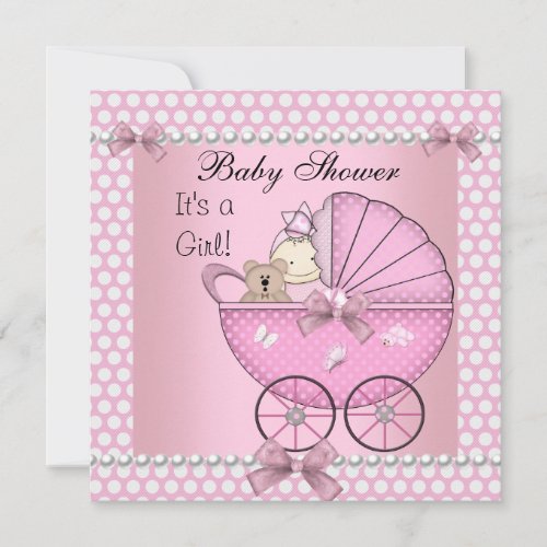 Baby Shower Cute Baby Girl Pink Pram Invitation
