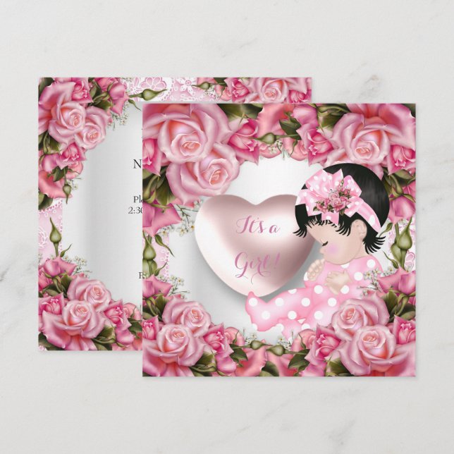 Baby Shower Cute Baby Girl Pink Roses Baby Girl 2 Invitation (Front/Back)