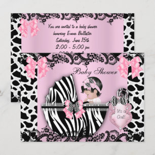 Baby Shower Cute Baby Girl Pink Zebra Cow Lace 3 Invitation