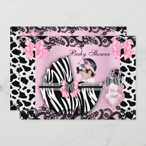 Baby Shower Cute Baby Girl Pink Zebra Cow Lace 3 Invitation