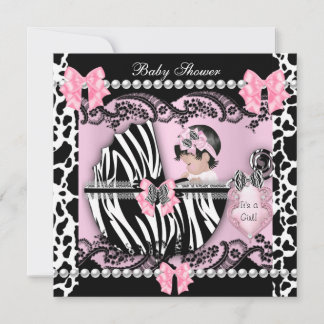Baby Shower Cute Baby Girl Pink Zebra Cow Lace Invitation