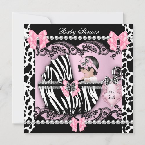 Baby Shower Cute Baby Girl Pink Zebra Cow Lace Invitation