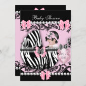 Baby Shower Cute Baby Girl Pink Zebra Lace 2 Invitation (Front/Back)