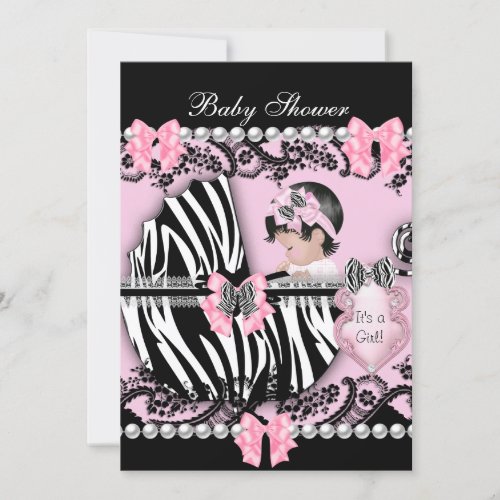 Baby Shower Cute Baby Girl Pink Zebra Lace 2 Invitation