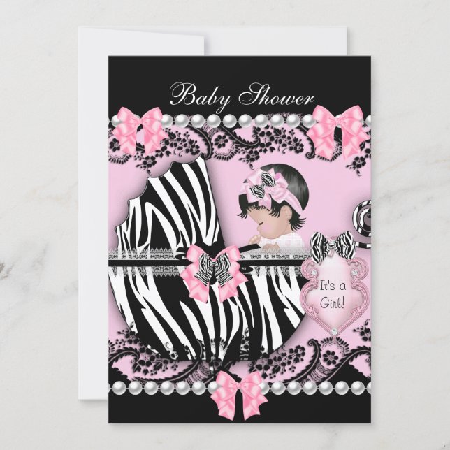 Baby Shower Cute Baby Girl Pink Zebra Lace 2 Invitation (Front)