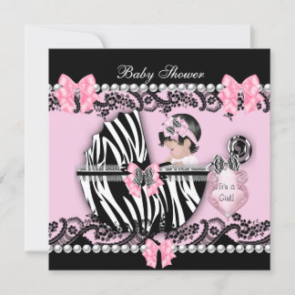 Baby Shower Cute Baby Girl Pink Zebra Lace 2 Invitation