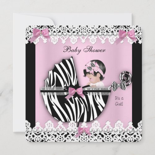 Baby Shower Cute Baby Girl Pink Zebra Lace a Custom Invites