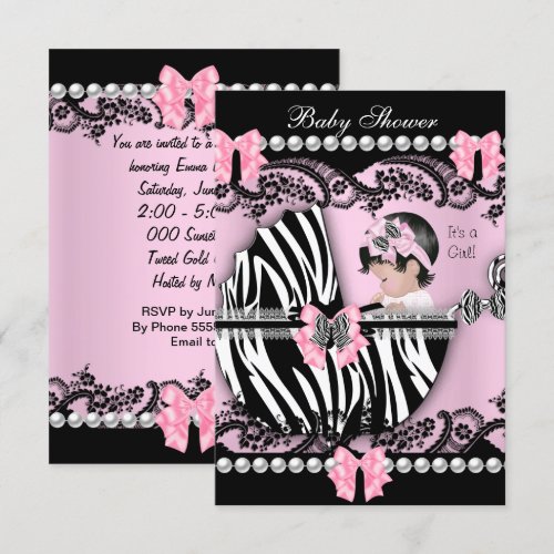 Baby Shower Cute Baby Girl Pink Zebra Lace Personalized Announcements