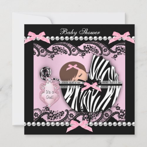 Baby Shower Cute Baby Girl Pink Zebra Lace Invitation