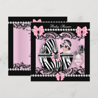 Baby Shower Cute Baby Girl Pink Zebra Lace Invitation
