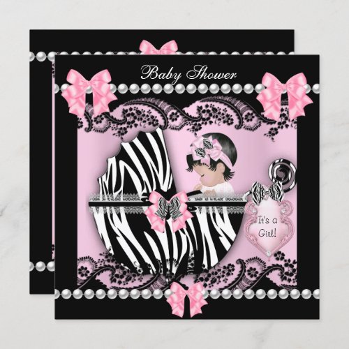 Baby Shower Cute Baby Girl Pink Zebra Lace Invitation