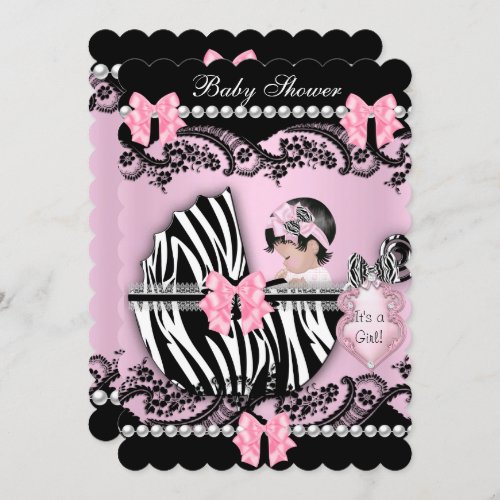 Baby Shower Cute Baby Girl Pink Zebra Lace SCALL Invitation