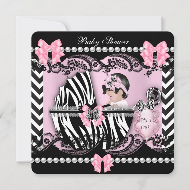 Baby Shower Cute Baby Girl Pink Zebra Lace Stripe Invitation (Front)