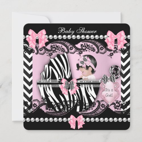 Baby Shower Cute Baby Girl Pink Zebra Lace Stripe Invitation