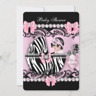 Baby Shower Cute Baby Girl Pink Zebra Pearls Invitation