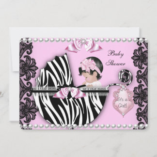 Baby Shower Cute Baby Girl Pink Zebra Pram 2 Invitation