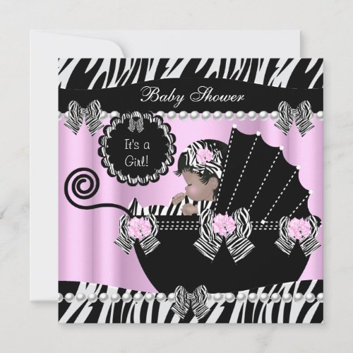 Baby Shower Cute Baby Girl Pink Zebra Pram Personalized Invite