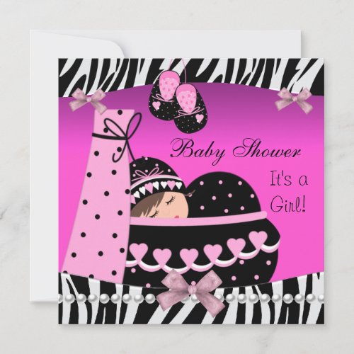 Baby Shower Cute Baby Girl Pink Zebra Print Invitation