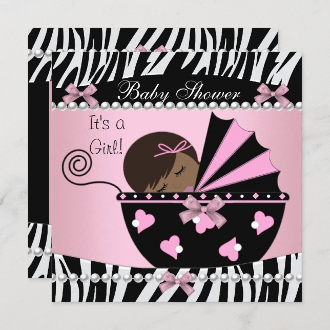 Baby Shower Cute Baby Girl Pink Zebra Print Invitation (Front/Back)