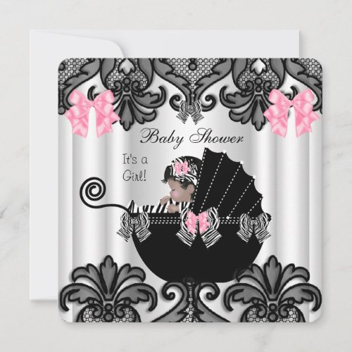 Baby Shower Cute Baby Girl Pink Zebra White Black Invitation