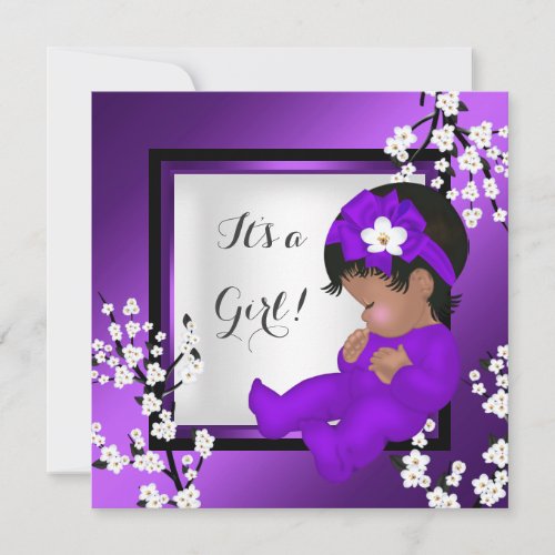 Baby Shower Cute Baby Girl Purple Blossom Black AM Invitation