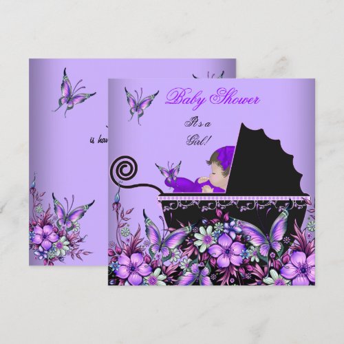 Baby Shower Cute Baby Girl Purple Butterfly 2 Custom Invites
