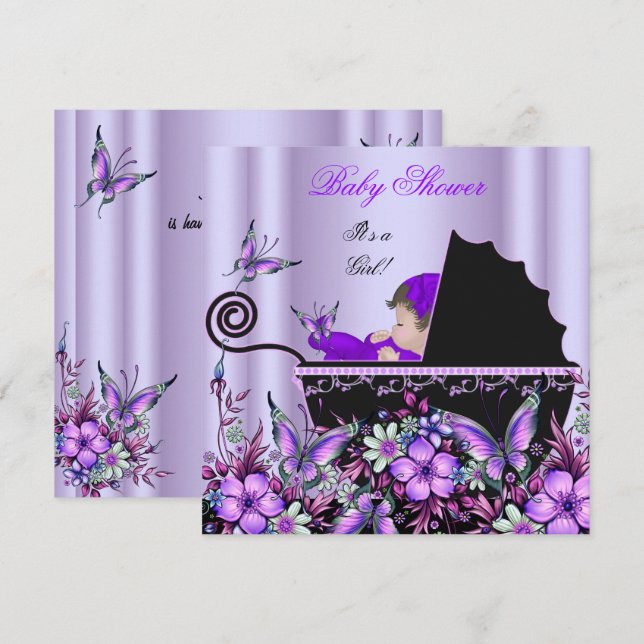 Baby Shower Cute Baby Girl Purple Butterfly 3 Invitation (Front/Back)