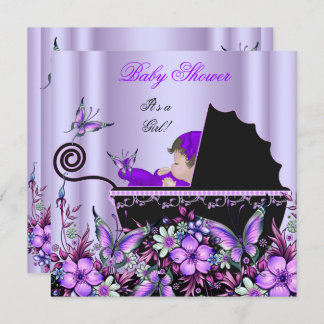 Baby Shower Cute Baby Girl Purple Butterfly 3 Invitation