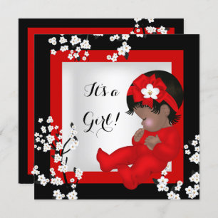 Baby Shower Cute Baby Girl Red Blossom Black AM5 Invitation