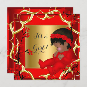 Baby Shower Cute Baby Girl Red Blossom Gold AM 4 Invitation