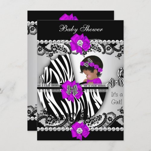 Baby Shower Cute Baby Girl Zebra Purple Pink Black Invitation