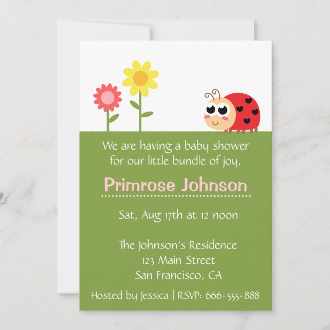 Baby Shower: Cute Baby Ladybug in a garden Invitation (Front)