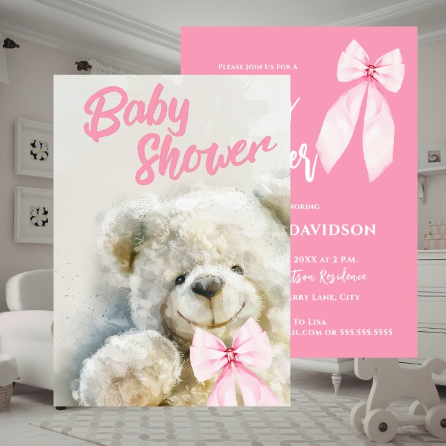 Baby Shower Cute Bear Pink Ribbon  Invitation (Baby Shower Cute Bear Pink Ribbon Invitation)