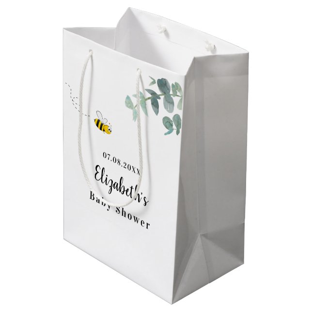 Baby Shower cute bee eucalyptus greenery white Medium Gift Bag (Back Angled)