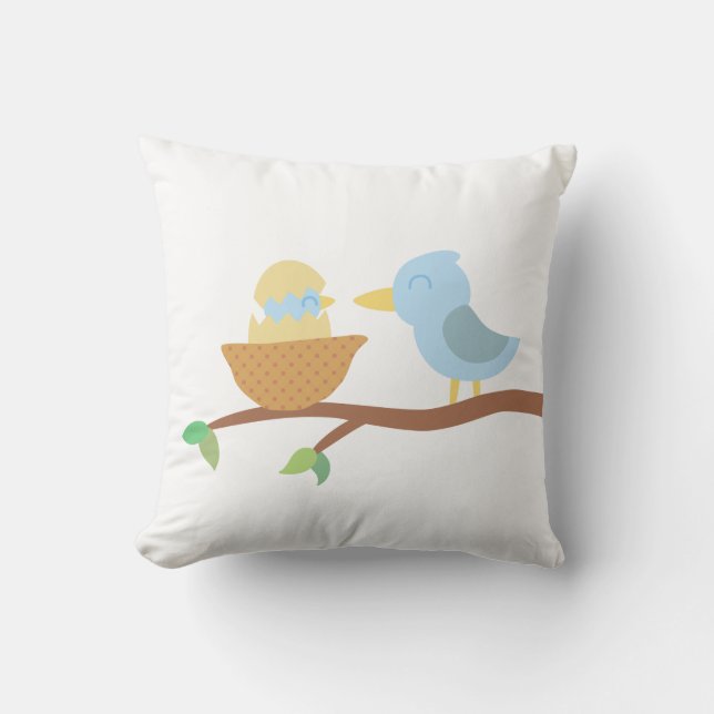 Baby Shower: Cute blue bird with just hatched baby Throw Pillow (Front)