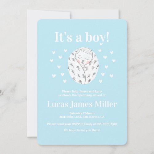 Baby shower cute boy hearts blue drawing invitatio invitation