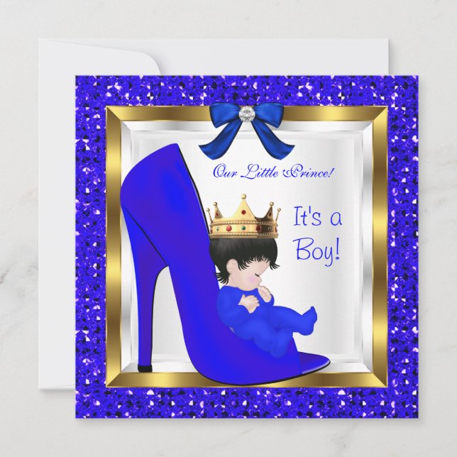 Baby Shower Cute Boy Prince Royal Blue Crown Invitation (Front)