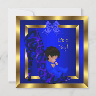 Baby Shower Cute Boy Royal Blue Shoe Leopard Invitation