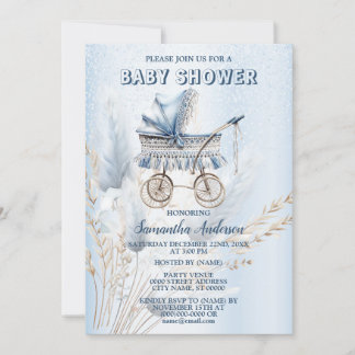 Baby Shower Cute Classic Stroller Blue Floral Invitation
