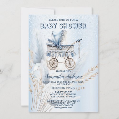 Baby Shower Cute Classic Stroller Blue Floral Invitation