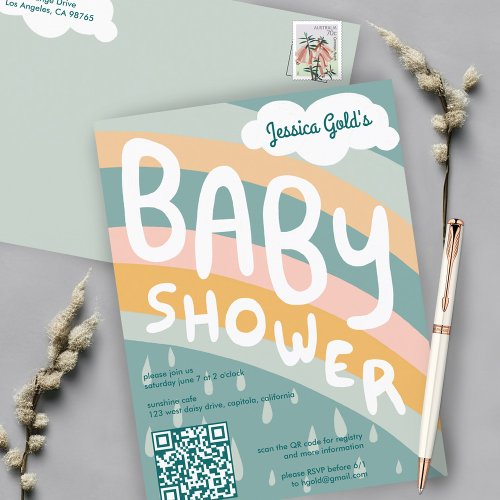 BABY SHOWER Cute Clouds Rainbow Custom QR CODE Invitation Postcard