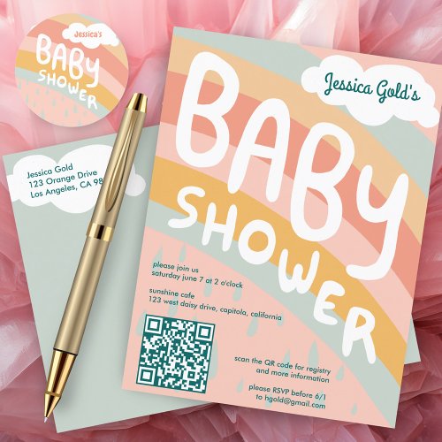 BABY SHOWER Cute Clouds Rainbow Custom QR CODE Invitation Postcard