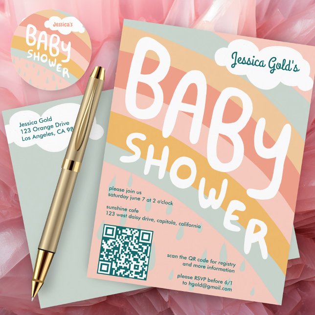BABY SHOWER Cute Clouds Rainbow Custom QR CODE Invitation Postcard (BABY SHOWER Cute Clouds Rainbow Custom QR CODE Invitation Postcard Pink)