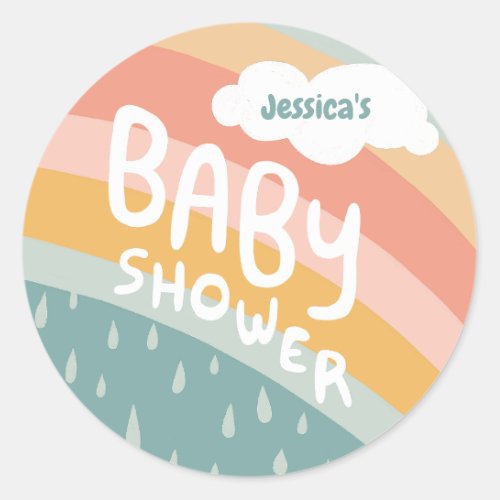 BABY SHOWER Cute Clouds Rainbow Rain Custom Classic Round Sticker