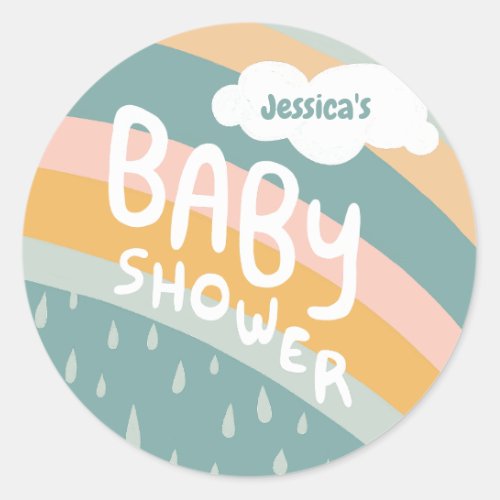 BABY SHOWER Cute Clouds Rainbow Rain Custom Classic Round Sticker