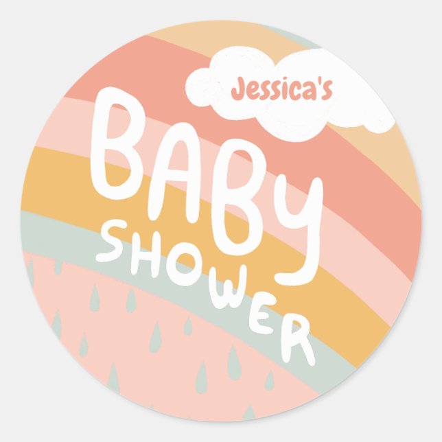 BABY SHOWER Cute Clouds Rainbow Rain Custom Classic Round Sticker (Front)