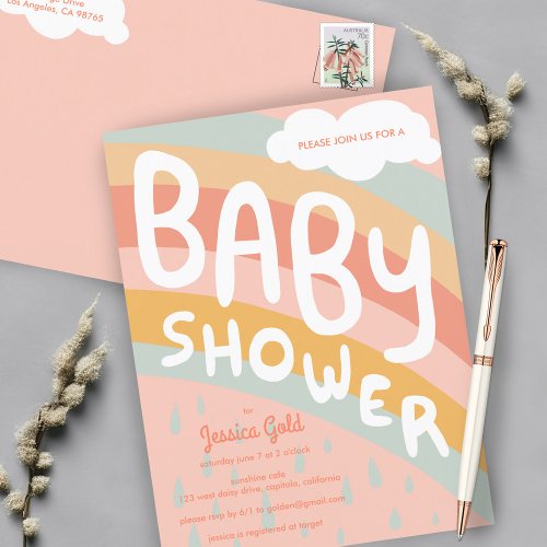 BABY SHOWER Cute Clouds Rainbow Rain Custom  Invitation Postcard