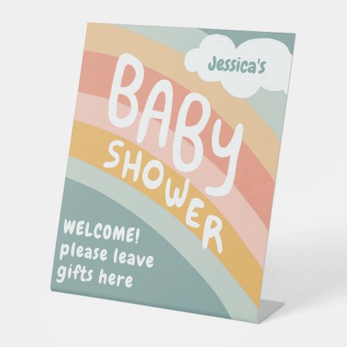 BABY SHOWER Cute Clouds Rainbow Rain Custom  Pedestal Sign