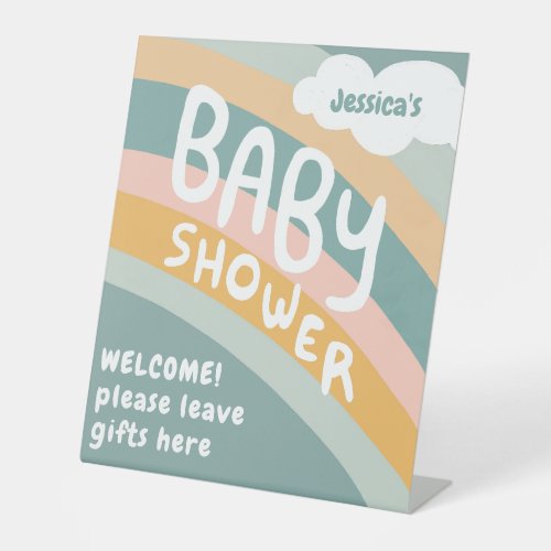 BABY SHOWER Cute Clouds Rainbow Rain Custom  Pedestal Sign