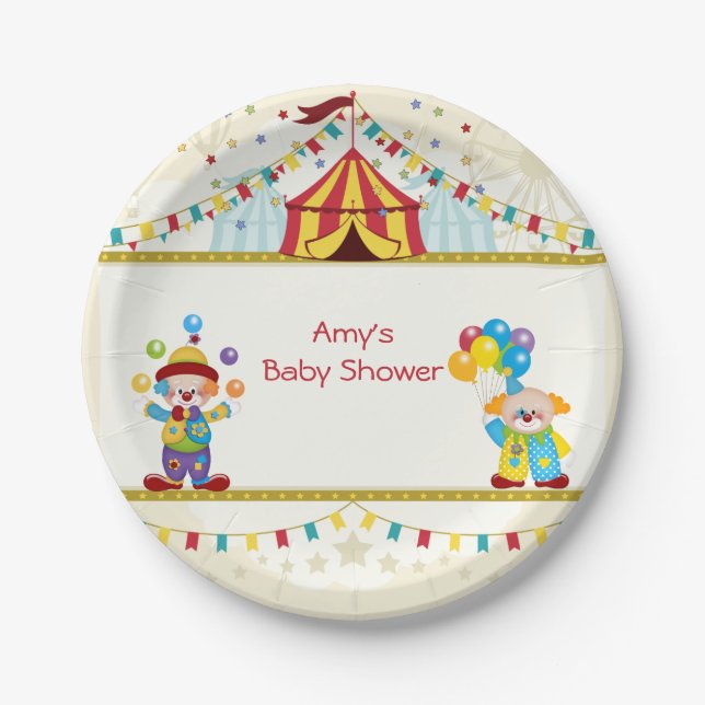 Baby Shower, Cute Clowns, Circus, Custom Paper Plates (Front)